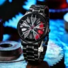 Relojes para hombre con pulsera de cuarzo de acero inoxidable y cuero con diseño de rin de carro.