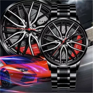 Relojes para hombre con pulsera de cuarzo de acero inoxidable y cuero con diseño de rin de carro.